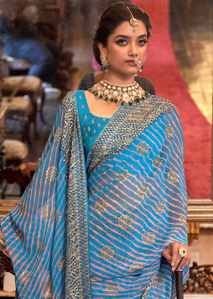 Shades Of Blue Leheriya Printed Georgette Saree | Stitched Blouse - qivii