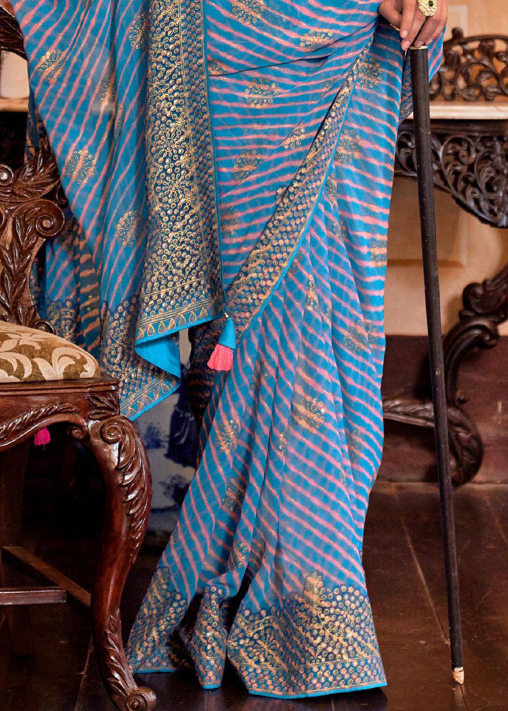 Shades Of Blue Leheriya Printed Georgette Saree | Stitched Blouse - qivii