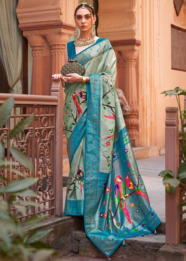 Shades Of Blue Paithani Silk Saree | Stitched Blouse - qivii