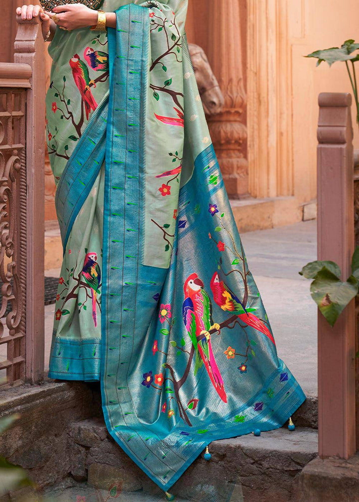 Shades Of Blue Paithani Silk Saree | Stitched Blouse - qivii