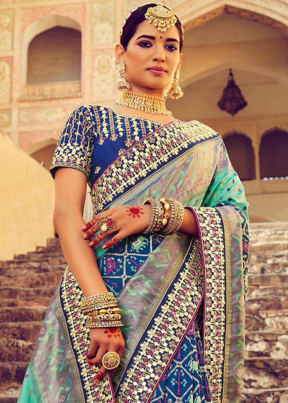 Shades Of Blue Patan Patola Silk Saree with Mirror, Khatli & Cut-Dana work | Stitched Blouse - qivii