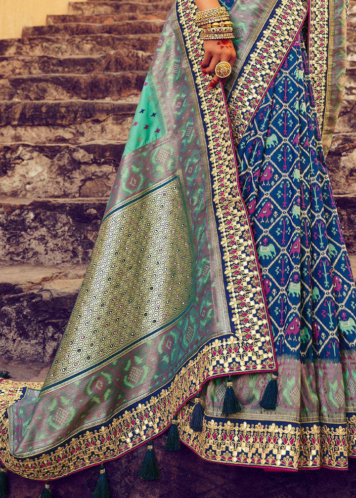 Shades Of Blue Patan Patola Silk Saree with Mirror, Khatli & Cut-Dana work | Stitched Blouse - qivii