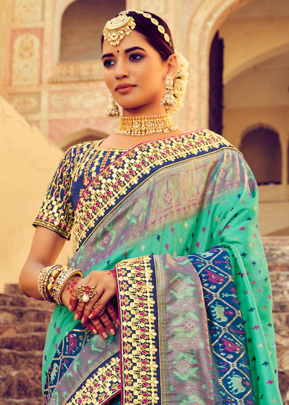 Shades Of Blue Patan Patola Silk Saree with Mirror, Khatli & Cut-Dana work | Stitched Blouse - qivii