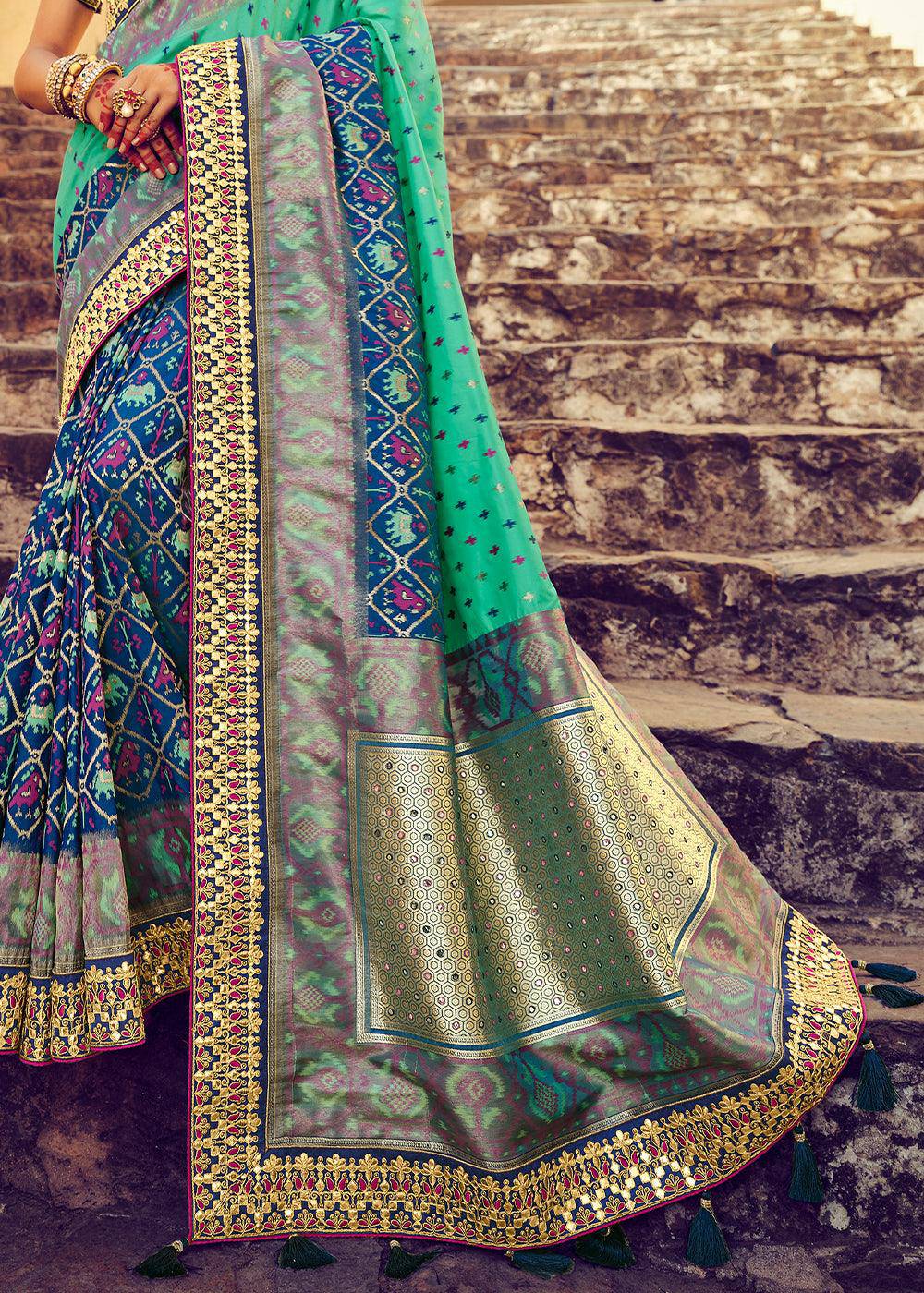 Shades Of Blue Patan Patola Silk Saree with Mirror, Khatli & Cut-Dana work | Stitched Blouse - qivii