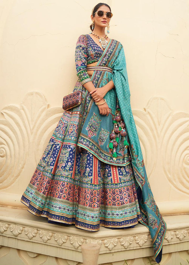 Shades Of Blue Ready to Wear Designer Silk Lehenga Choli with Sparkle & Mirror work - qivii