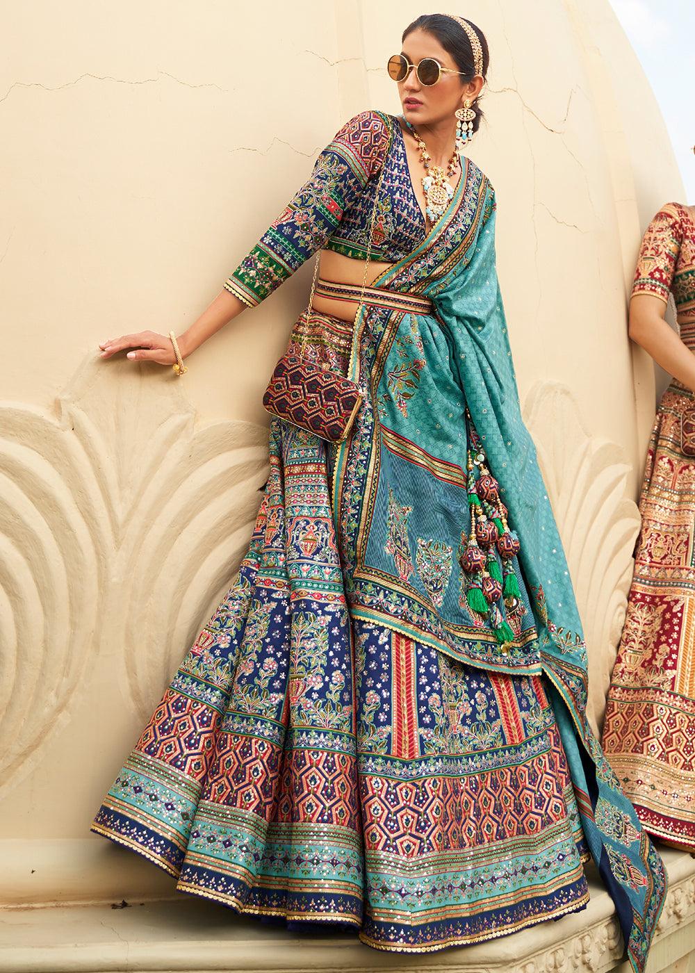 Shades Of Blue Ready to Wear Designer Silk Lehenga Choli with Sparkle & Mirror work - qivii