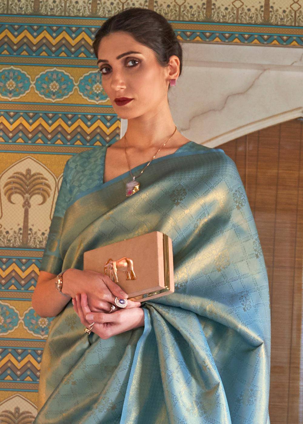 Shades Of Blue Soft Handloom Weave Kanjivaram Silk Saree : Festival Edition | Stitched Blouse - qivii