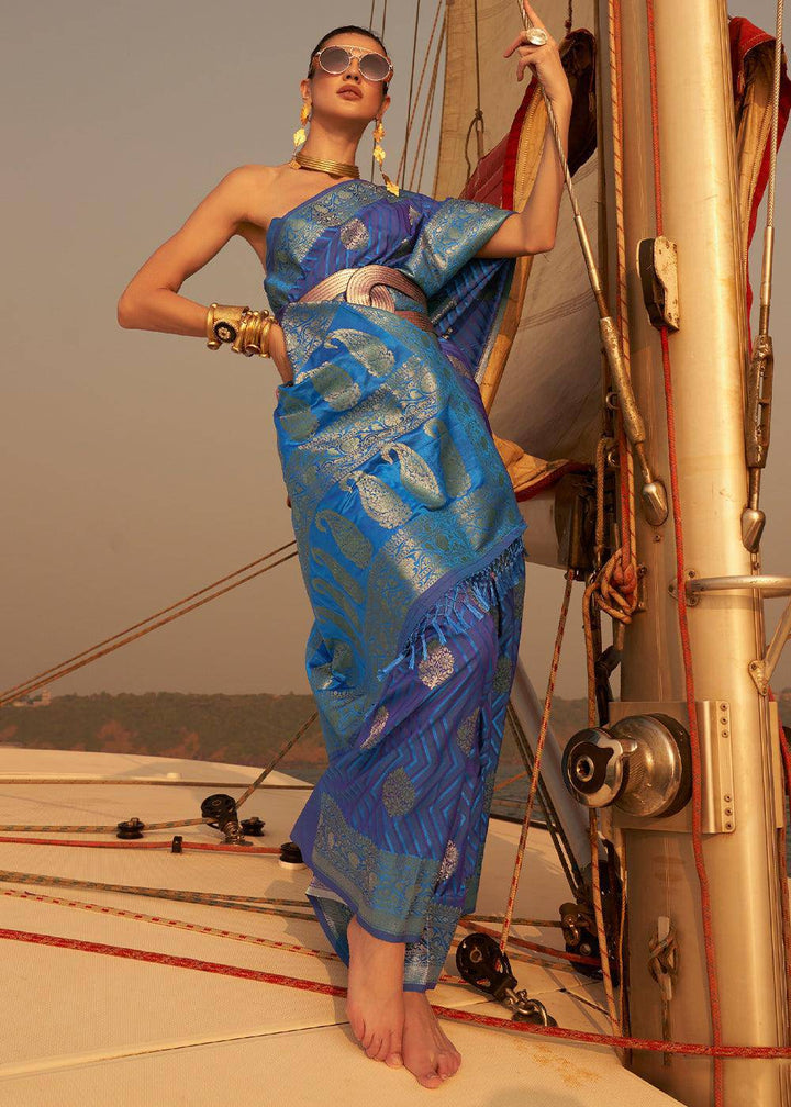 Shades Of Blue Two Tone Designer Satin Silk Saree | Stitched Blouse - qivii