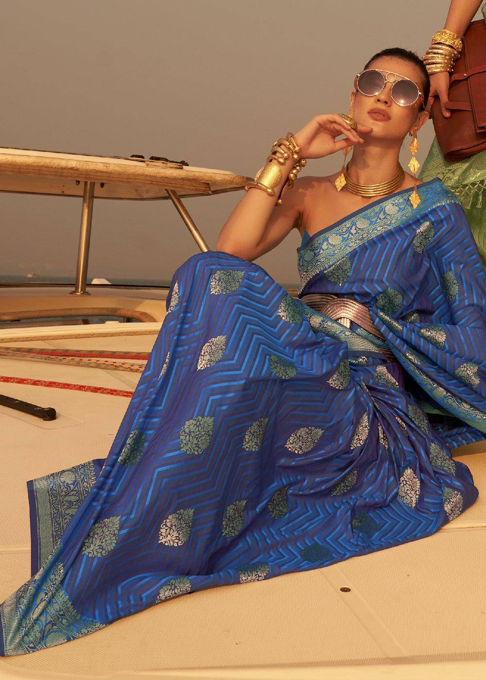 Shades Of Blue Two Tone Designer Satin Silk Saree | Stitched Blouse - qivii