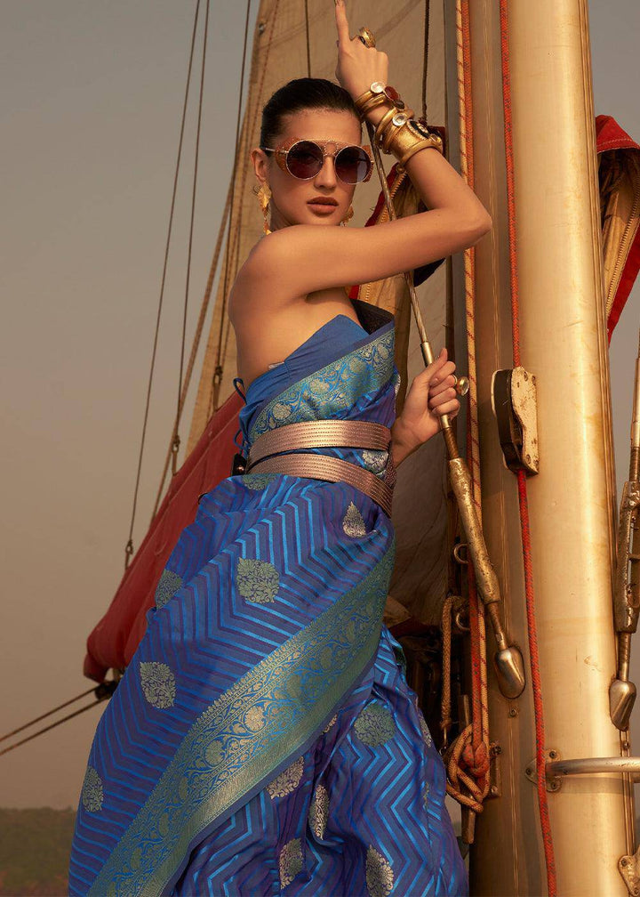 Shades Of Blue Two Tone Designer Satin Silk Saree | Stitched Blouse - qivii