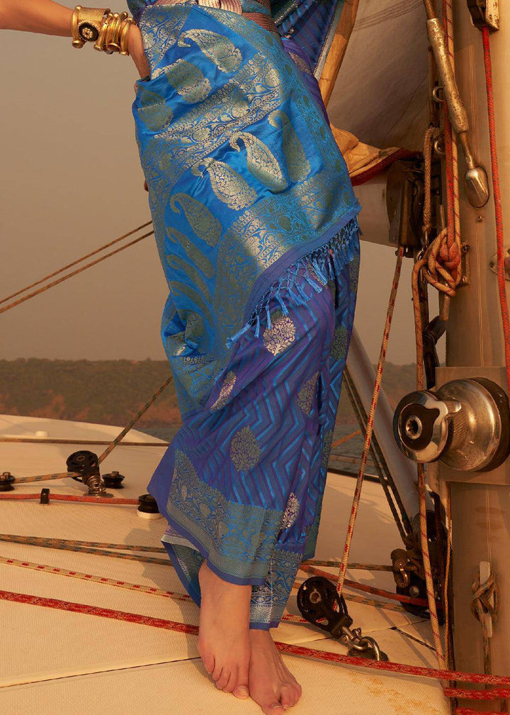 Shades Of Blue Two Tone Designer Satin Silk Saree | Stitched Blouse - qivii