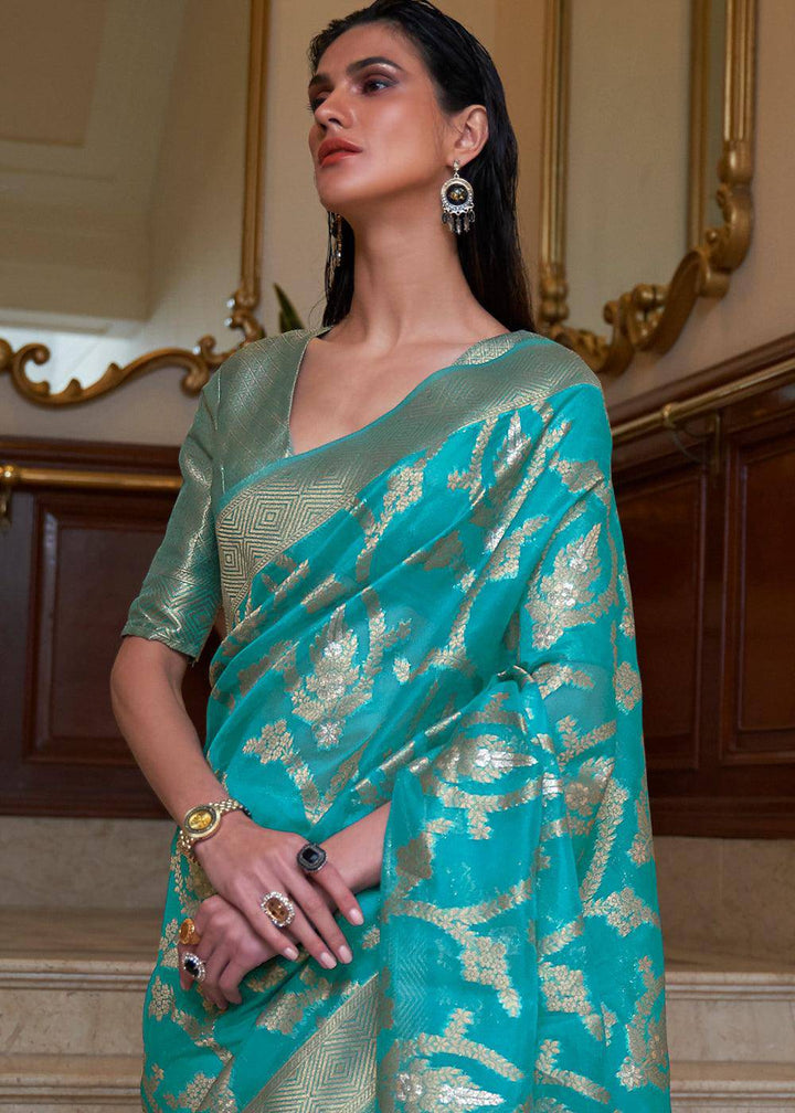 Shades Of Blue Two Tone Handloom Woven Organza Silk Saree | Stitched Blouse - qivii