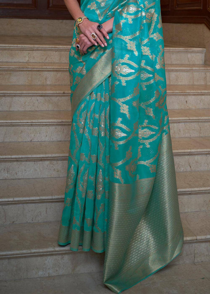 Shades Of Blue Two Tone Handloom Woven Organza Silk Saree | Stitched Blouse - qivii