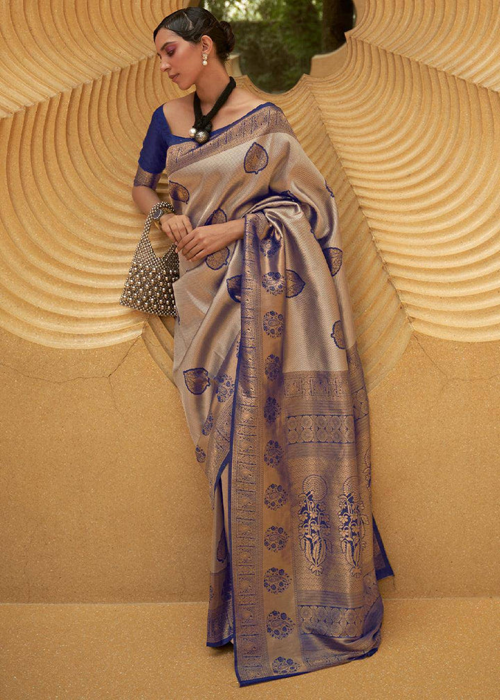 Shades Of Blue Two Tone Woven Silk Saree | Stitched Blouse - qivii