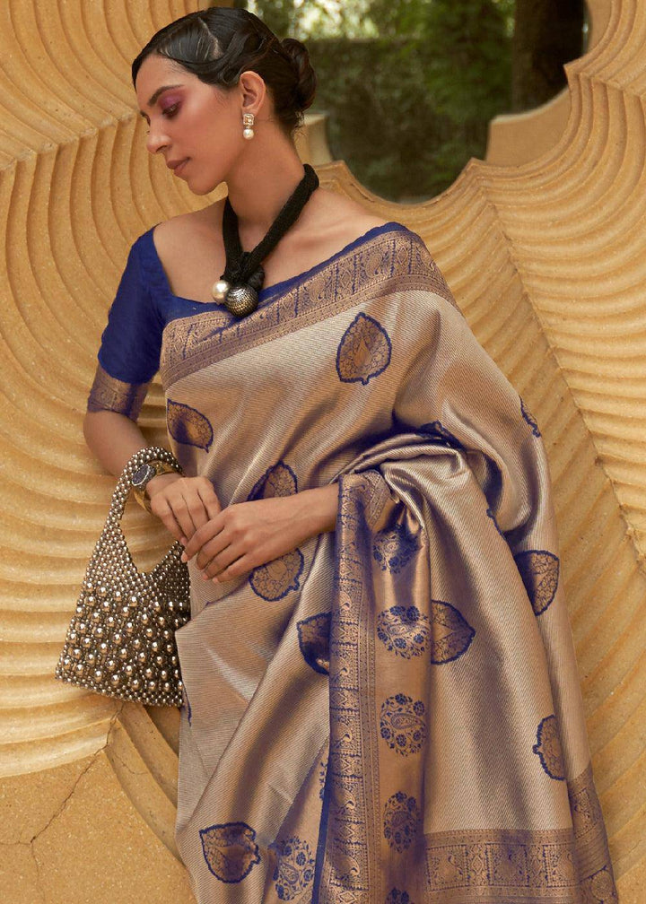 Shades Of Blue Two Tone Woven Silk Saree | Stitched Blouse - qivii