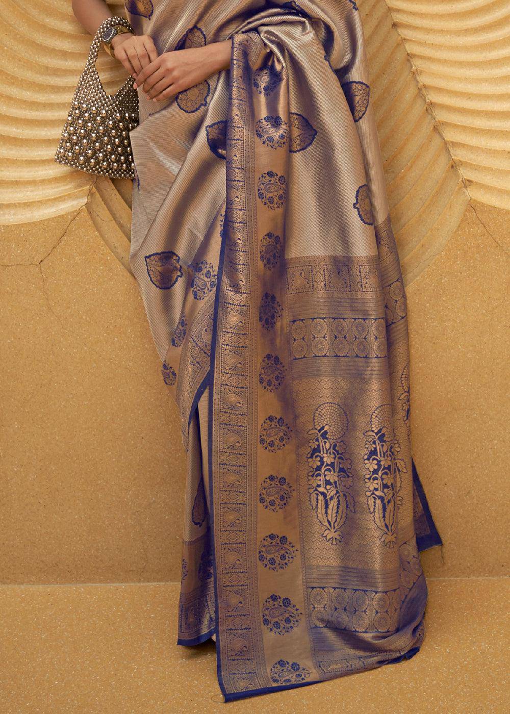 Shades Of Blue Two Tone Woven Silk Saree | Stitched Blouse - qivii