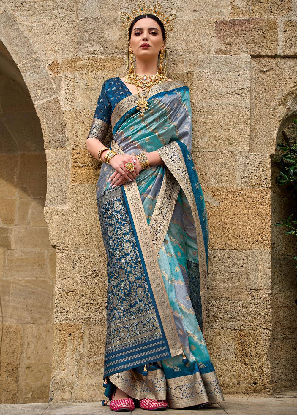 Shades Of Blue Viscose Silk Saree with Aqua Finish work | Stitched Blouse - qivii