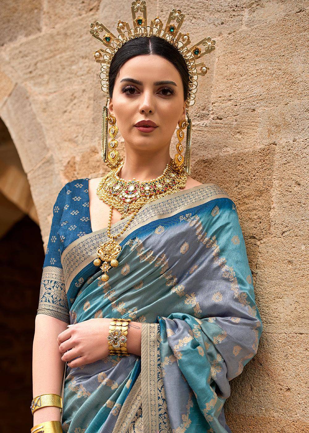 Shades Of Blue Viscose Silk Saree with Aqua Finish work | Stitched Blouse - qivii