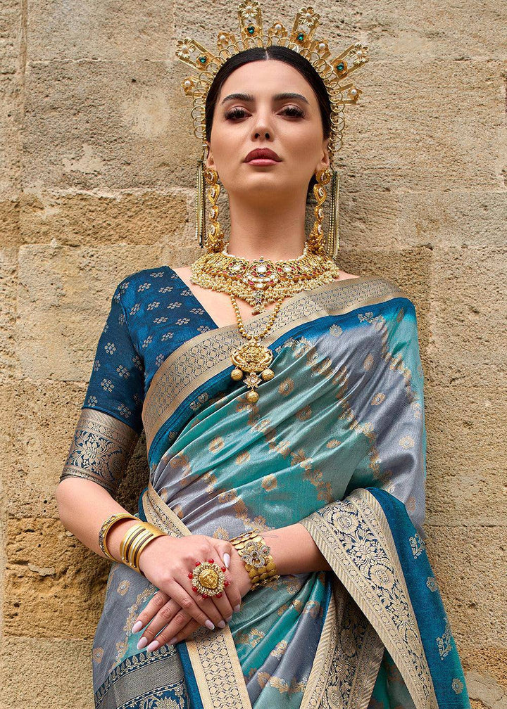 Shades Of Blue Viscose Silk Saree with Aqua Finish work | Stitched Blouse - qivii