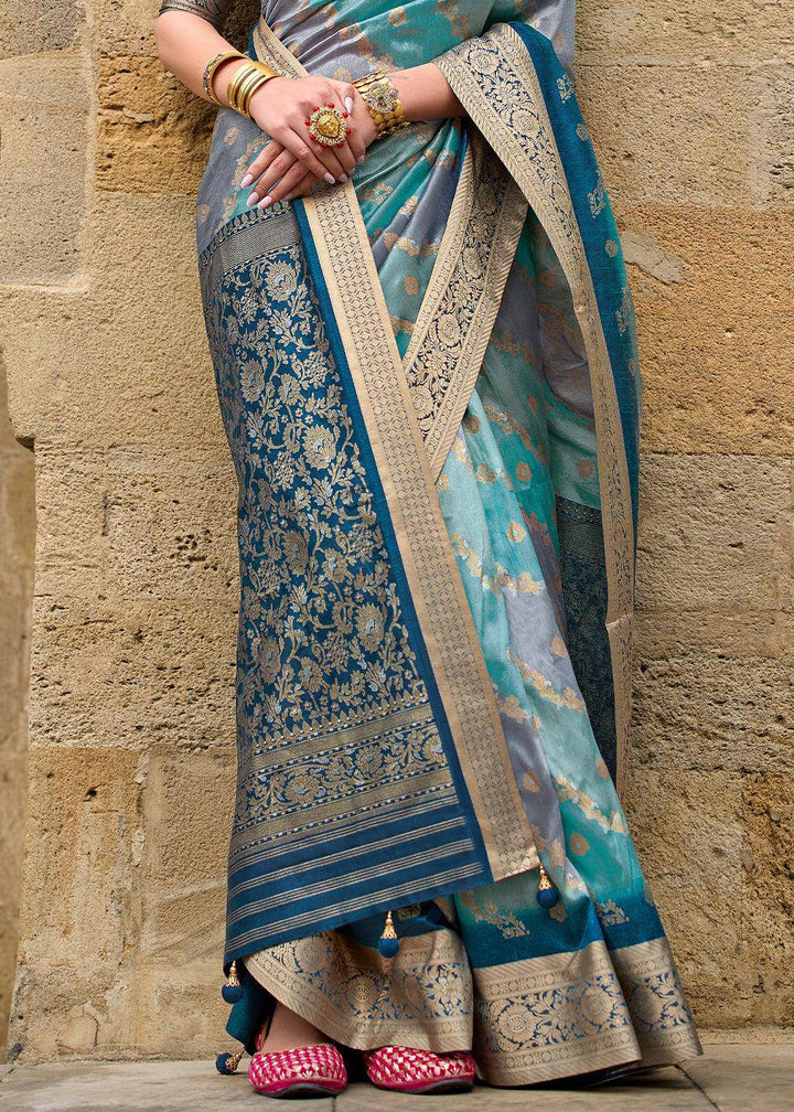 Shades Of Blue Viscose Silk Saree with Aqua Finish work | Stitched Blouse - qivii