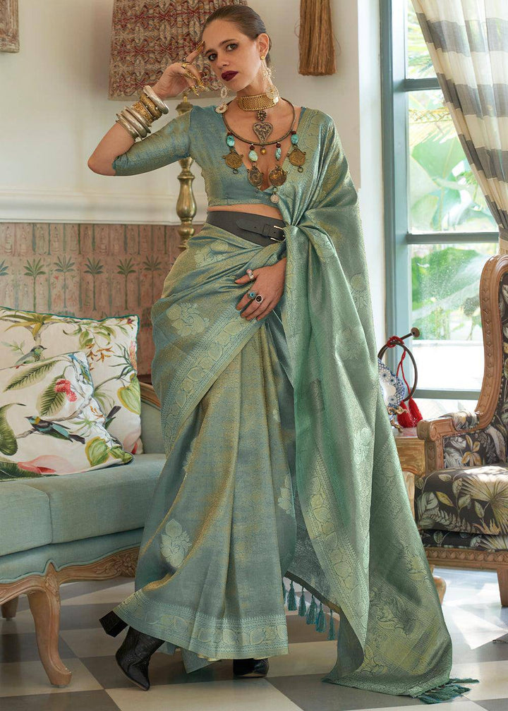 Shades Of Blue Woven Satin Tissue Silk Saree | Stitched Blouse - qivii