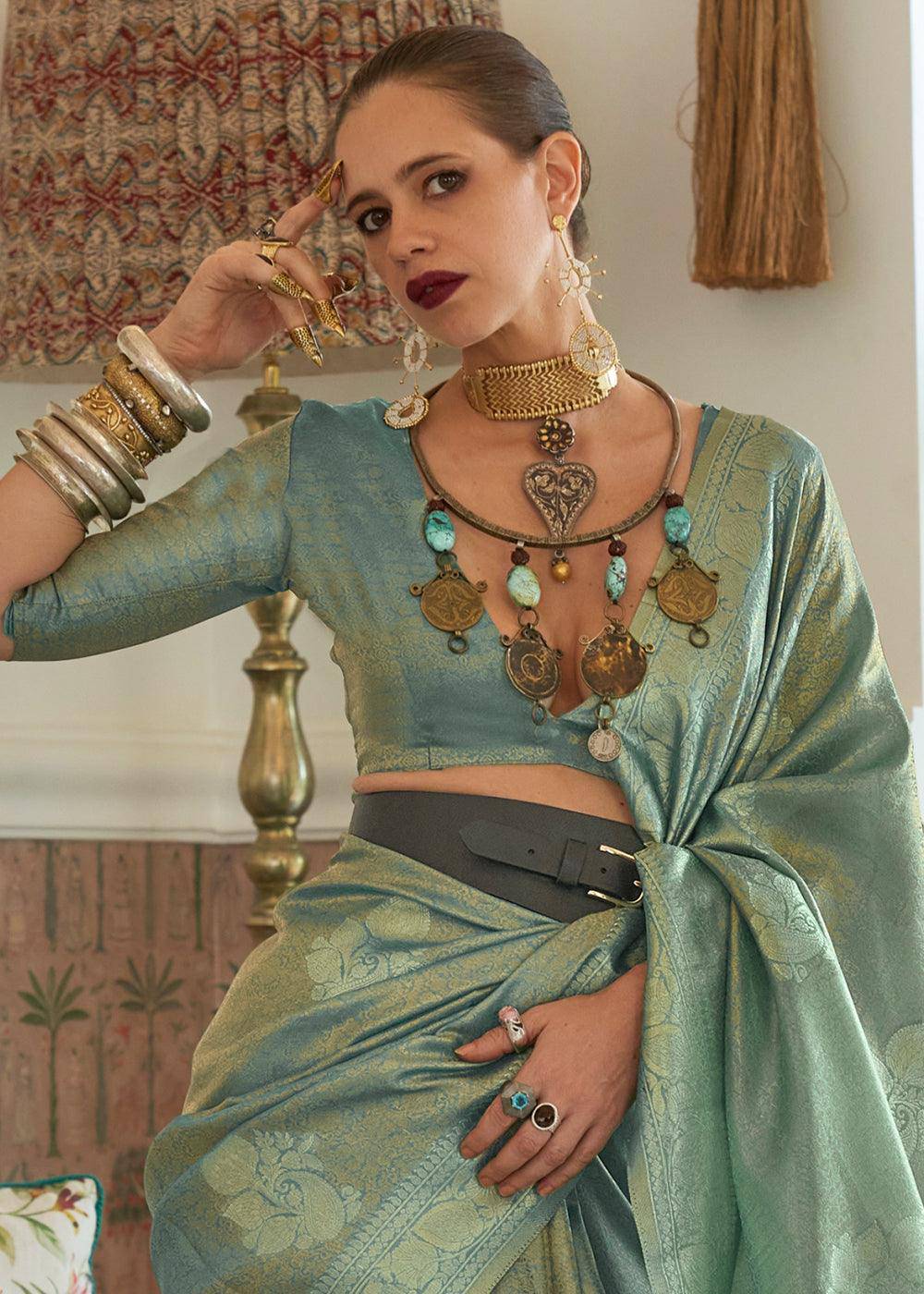 Shades Of Blue Woven Satin Tissue Silk Saree | Stitched Blouse - qivii