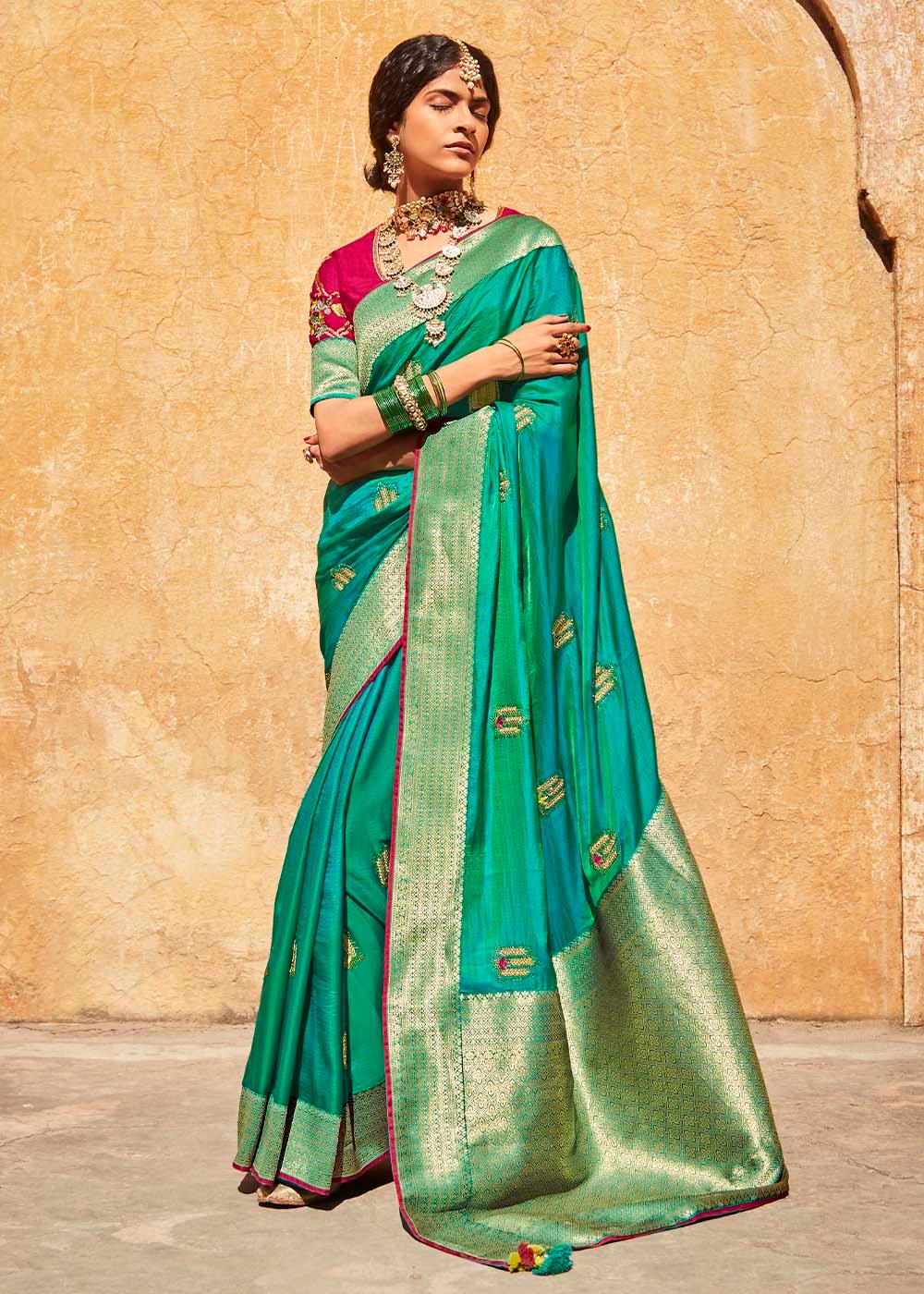 Shades Of Blue Woven Silk Saree with Embroidered Blouse | Stitched Blouse - qivii