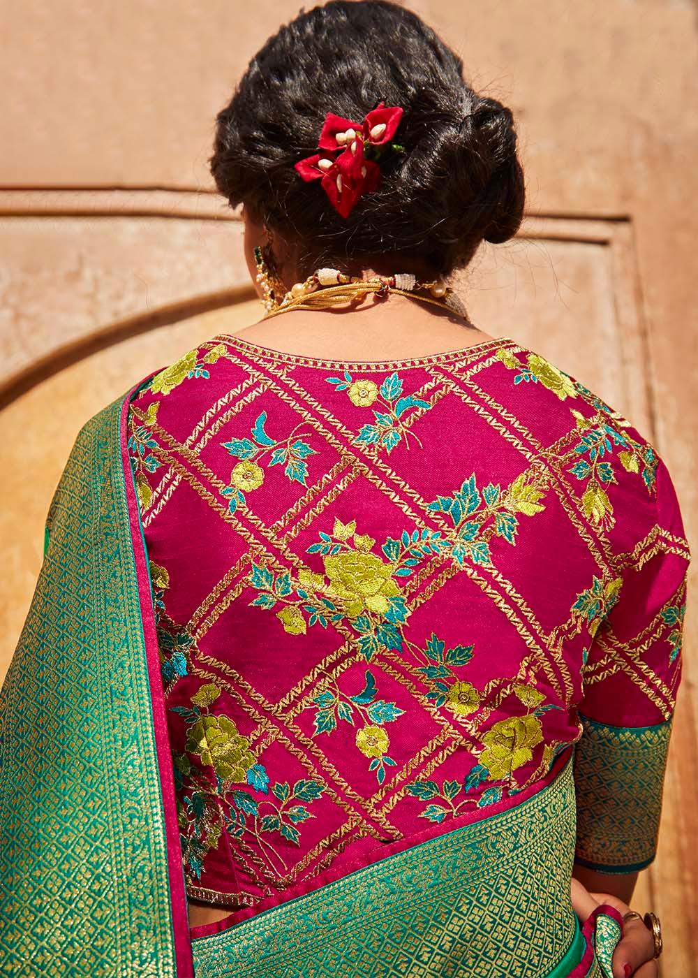 Shades Of Blue Woven Silk Saree with Embroidered Blouse | Stitched Blouse - qivii