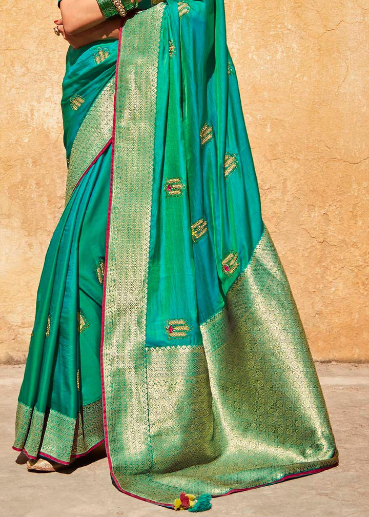 Shades Of Blue Woven Silk Saree with Embroidered Blouse | Stitched Blouse - qivii