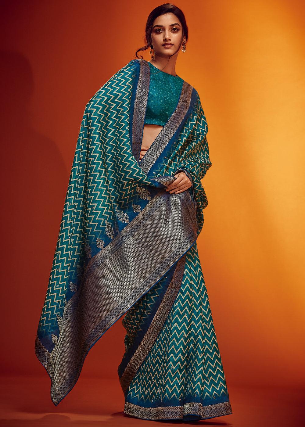 Shades Of Blue Woven Viscose Silk Saree - qivii