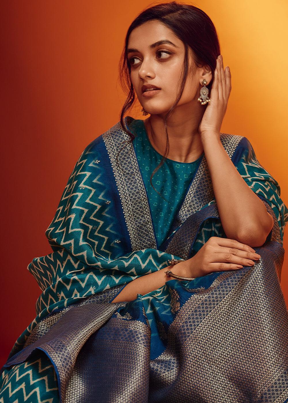 Shades Of Blue Woven Viscose Silk Saree - qivii