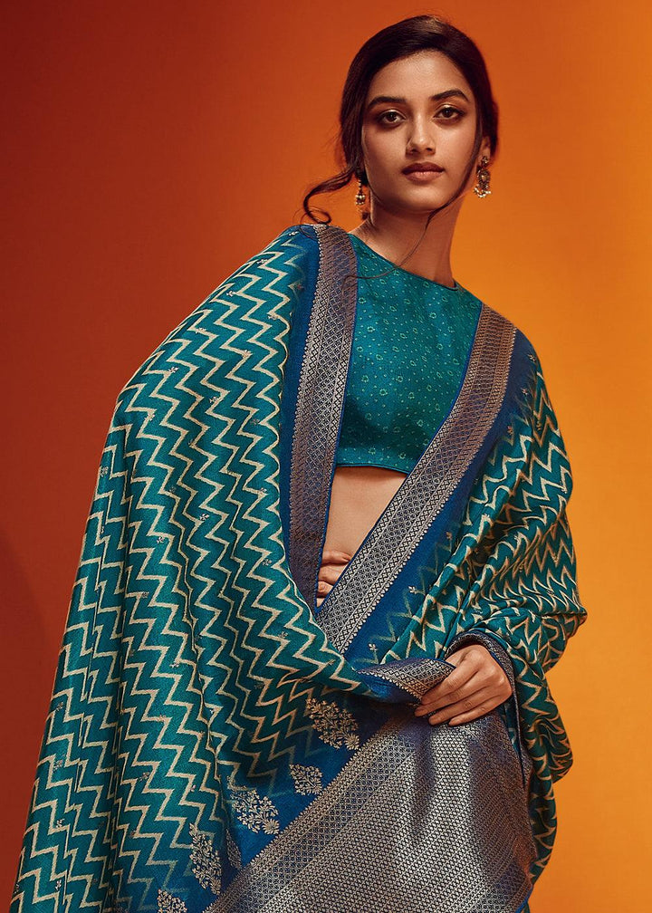 Shades Of Blue Woven Viscose Silk Saree - qivii