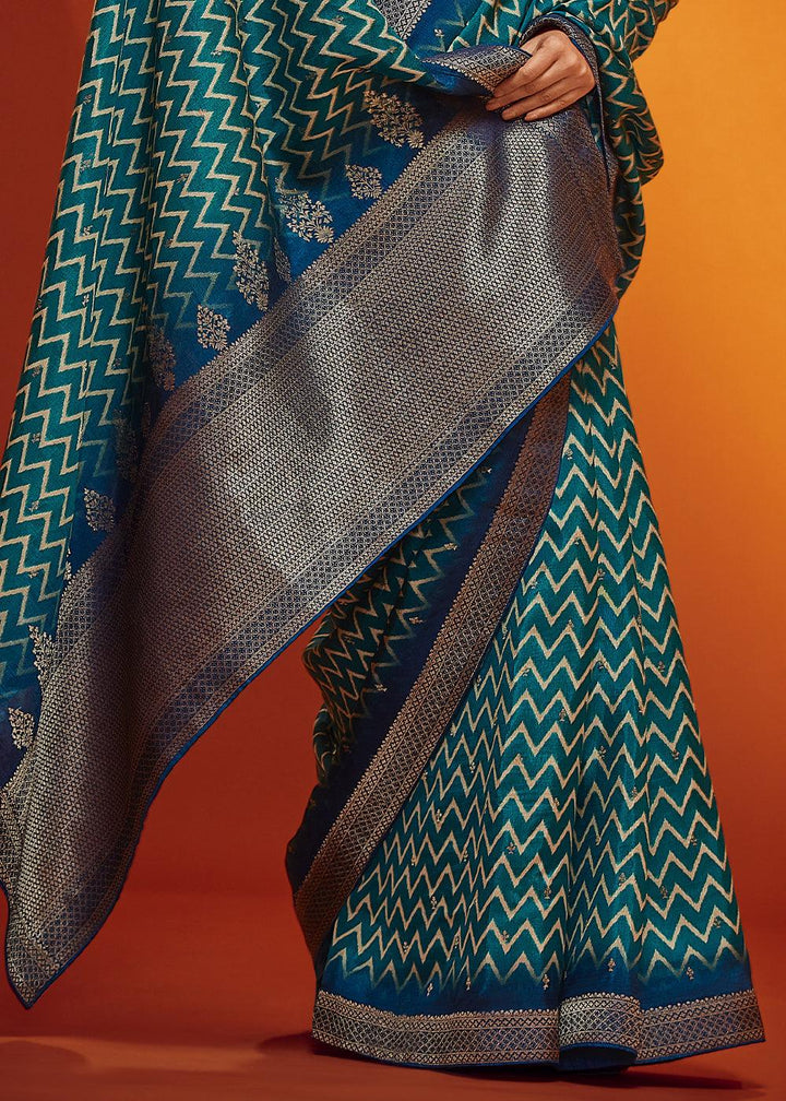 Shades Of Blue Woven Viscose Silk Saree - qivii