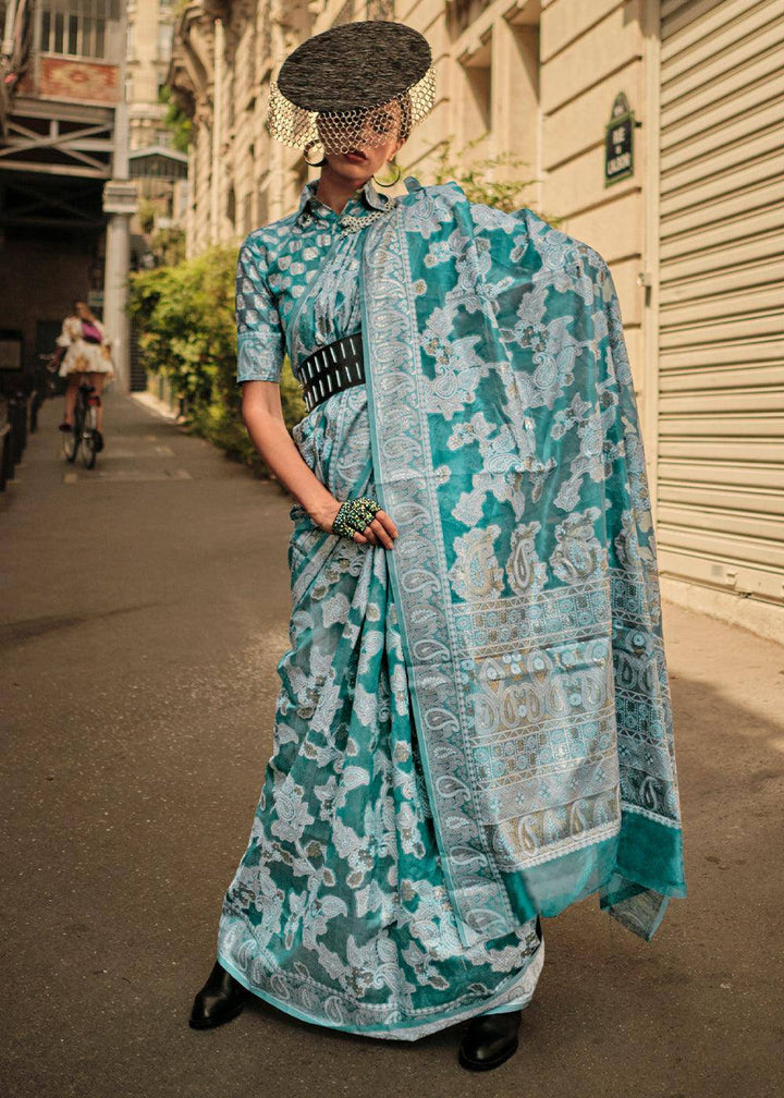 Shades Of Blue Zari Handloom Woven Organza Silk Saree | Stitched Blouse - qivii