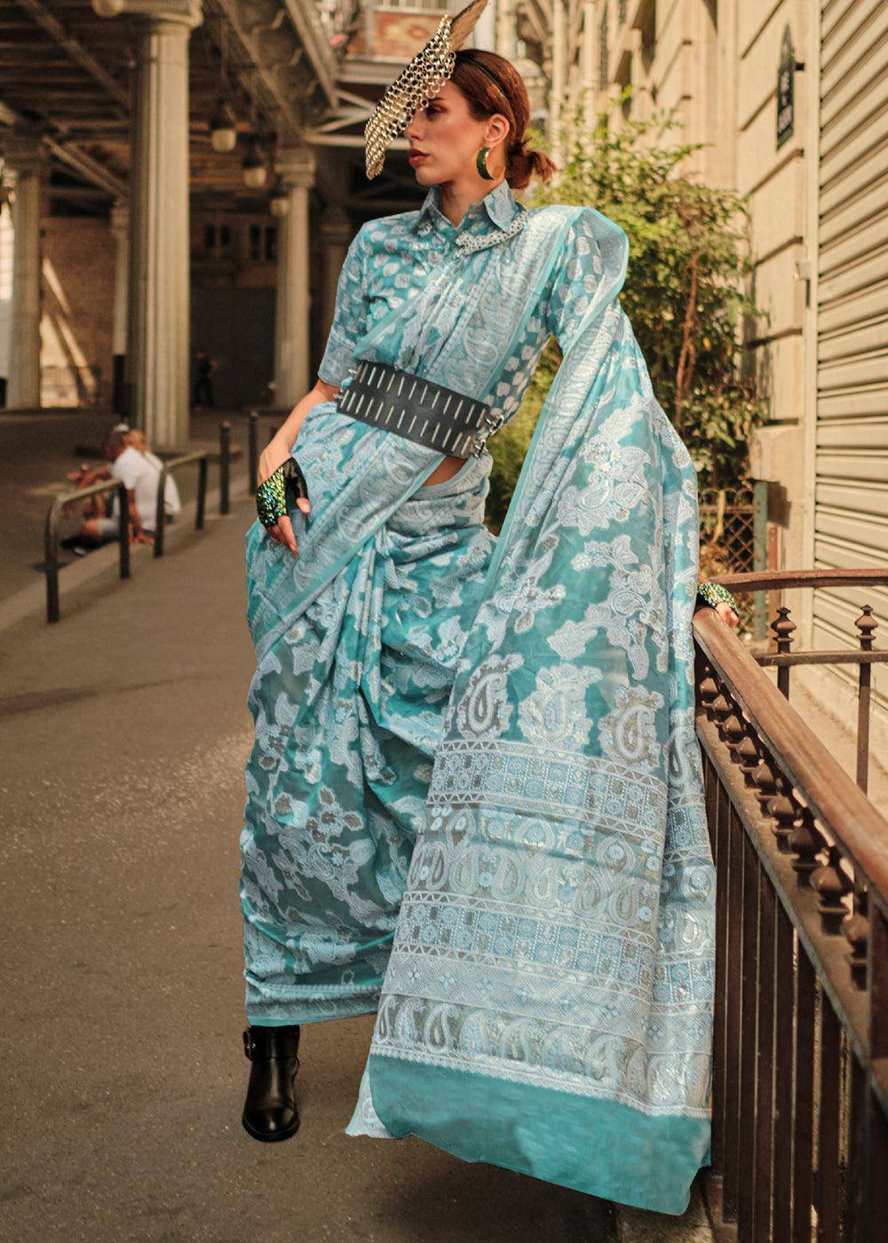 Shades Of Blue Zari Handloom Woven Organza Silk Saree | Stitched Blouse - qivii