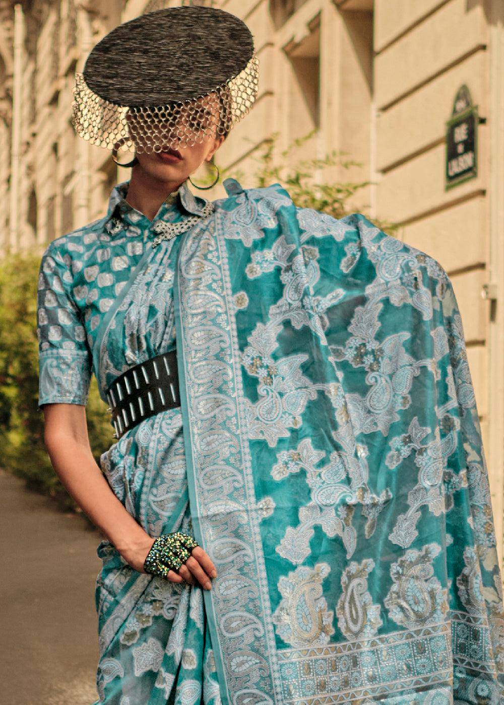 Shades Of Blue Zari Handloom Woven Organza Silk Saree | Stitched Blouse - qivii