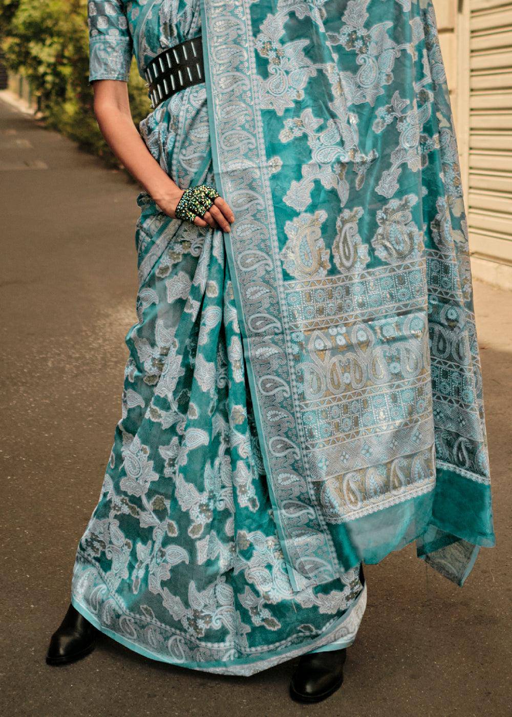 Shades Of Blue Zari Handloom Woven Organza Silk Saree | Stitched Blouse - qivii