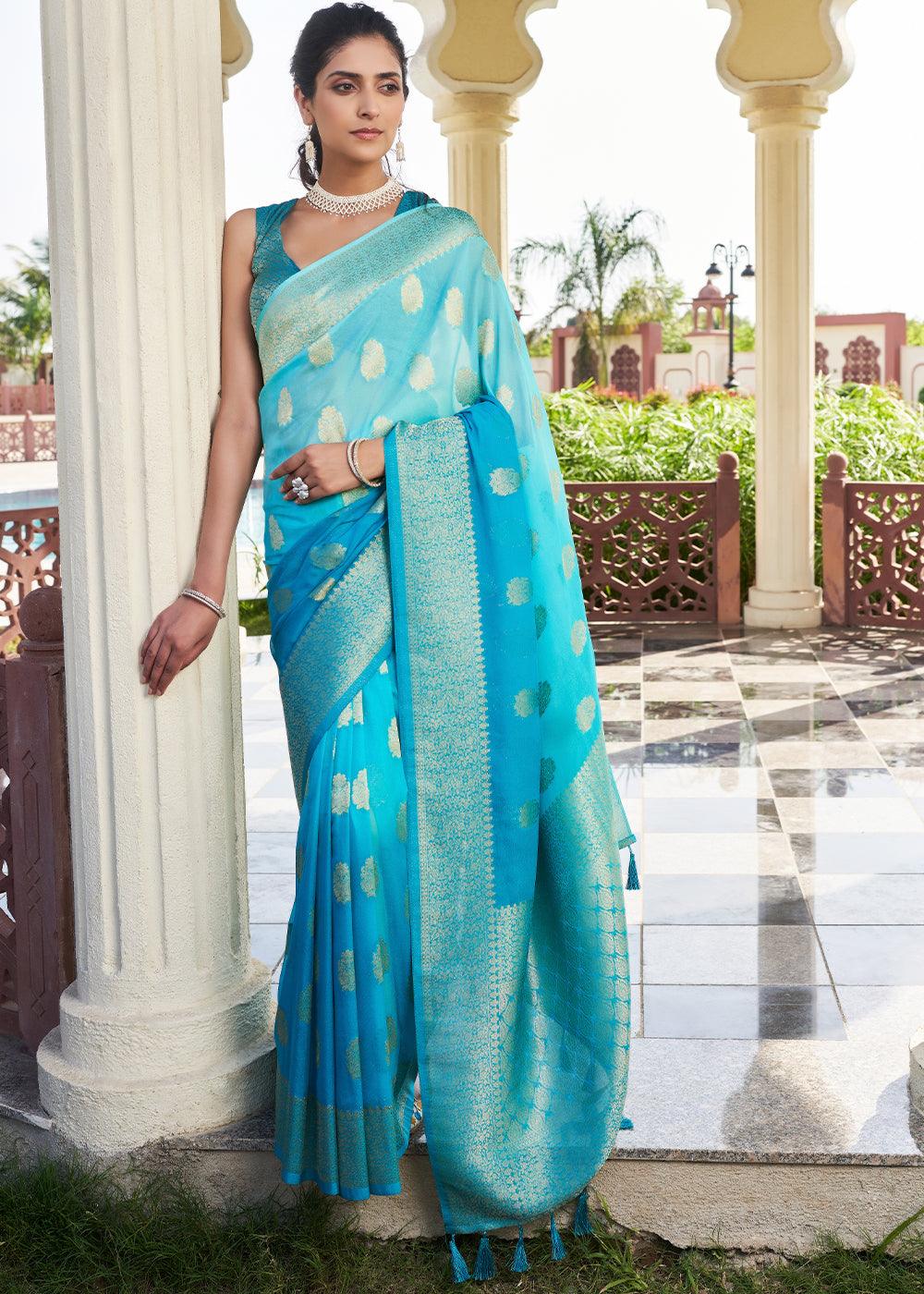 Shades Of Blue Zari Woven Georgette Saree - qivii