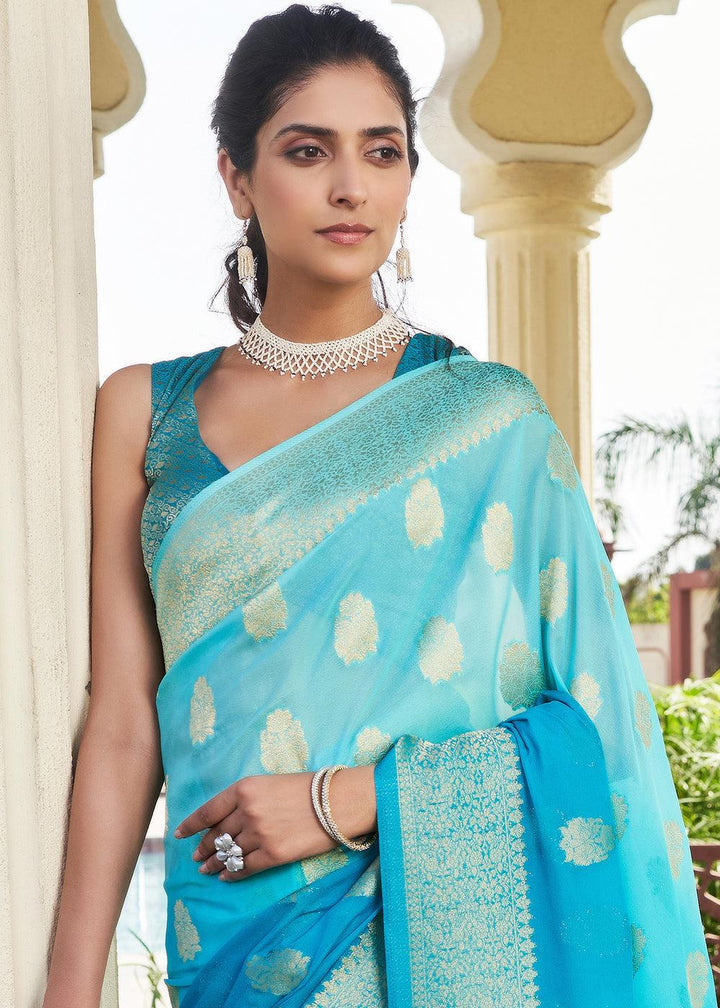 Shades Of Blue Zari Woven Georgette Saree - qivii