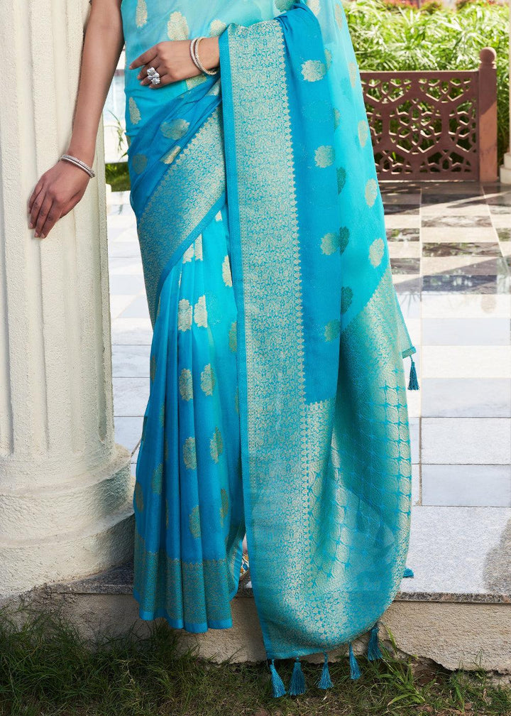 Shades Of Blue Zari Woven Georgette Saree - qivii