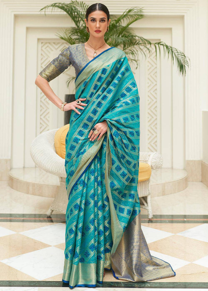 Shades Of Blue Zari Woven Patola Silk Saree | Stitched Blouse - qivii