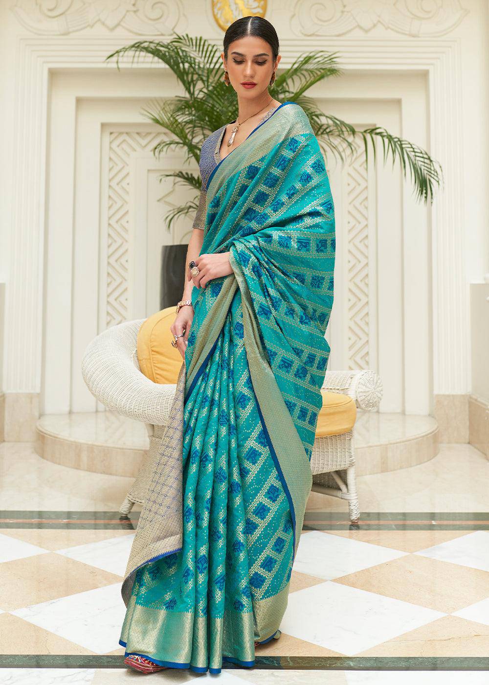 Shades Of Blue Zari Woven Patola Silk Saree | Stitched Blouse - qivii