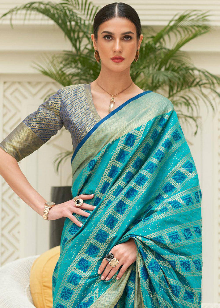 Shades Of Blue Zari Woven Patola Silk Saree | Stitched Blouse - qivii