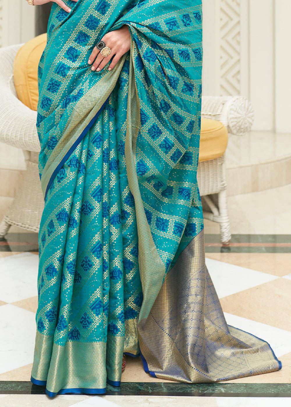 Shades Of Blue Zari Woven Patola Silk Saree | Stitched Blouse - qivii