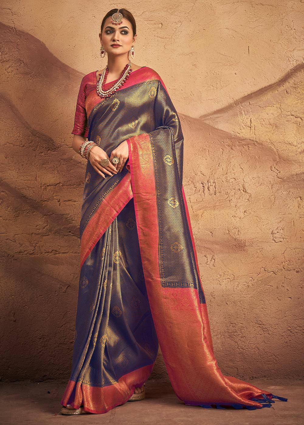 Shades Of Blue Zari Woven Silk Saree | Stitched Blouse - qivii