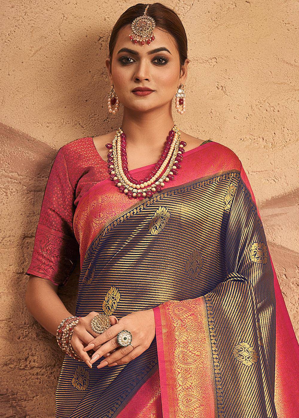 Shades Of Blue Zari Woven Silk Saree | Stitched Blouse - qivii