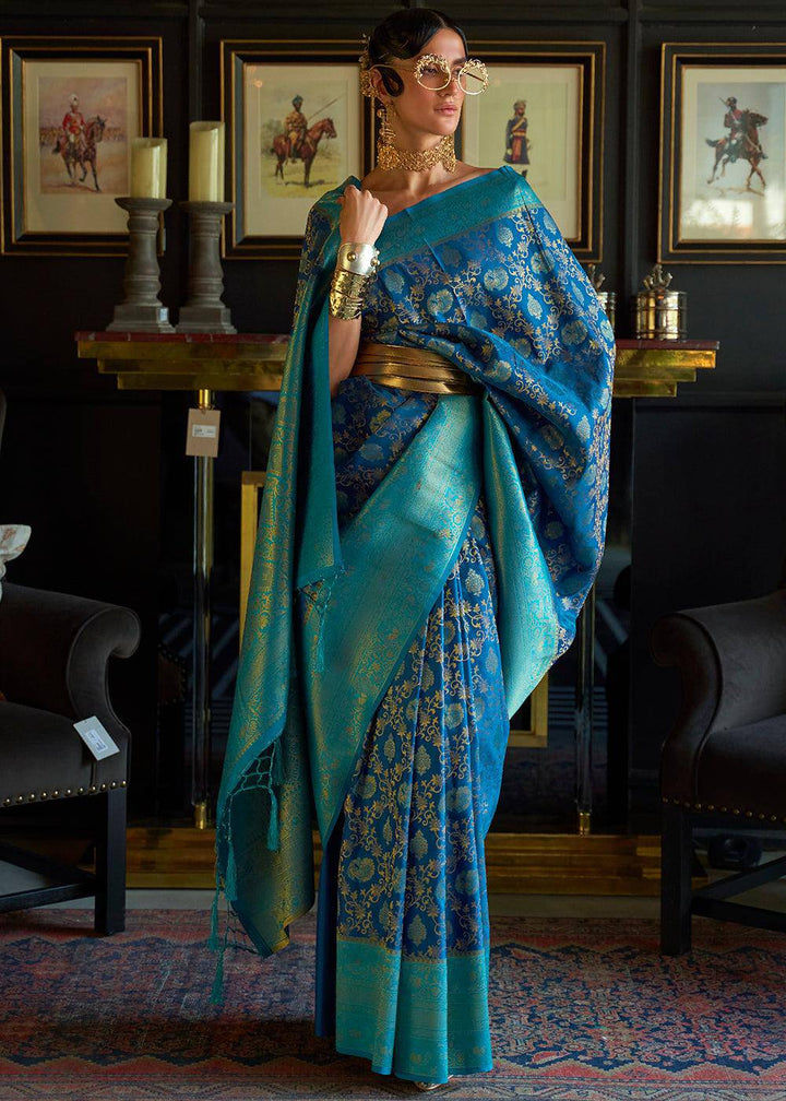 Shades Of Blue Zari Woven Soft Silk Saree | Stitched Blouse - qivii