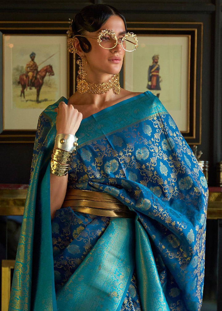 Shades Of Blue Zari Woven Soft Silk Saree | Stitched Blouse - qivii