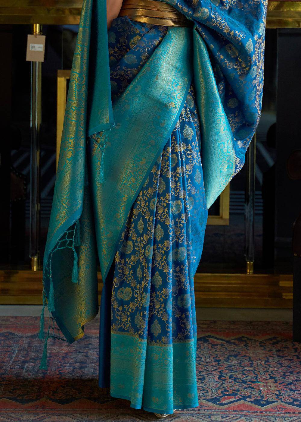 Shades Of Blue Zari Woven Soft Silk Saree | Stitched Blouse - qivii