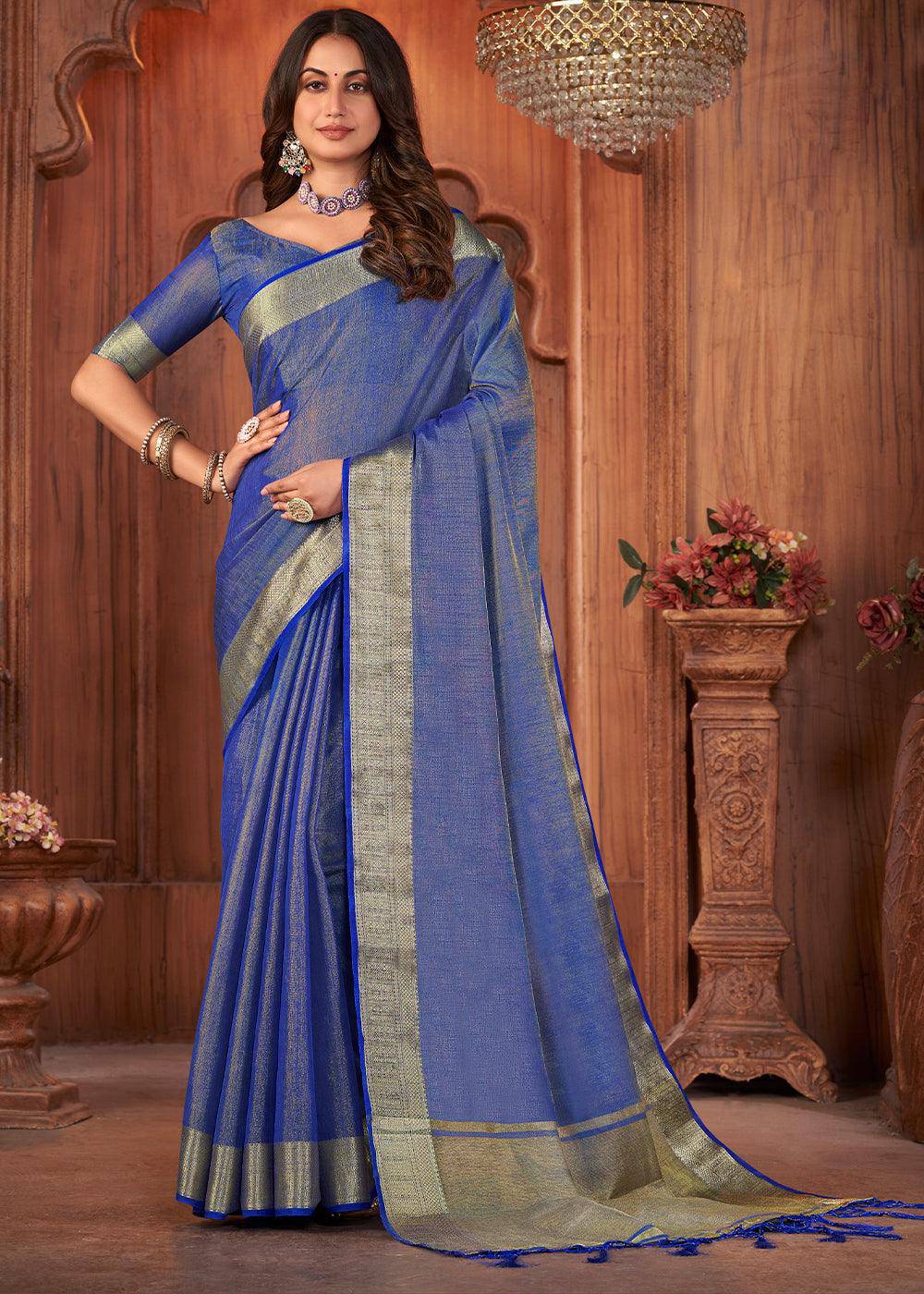 Shades Of Blue Zari Woven Tussar Silk Saree | Stitched Blouse - qivii